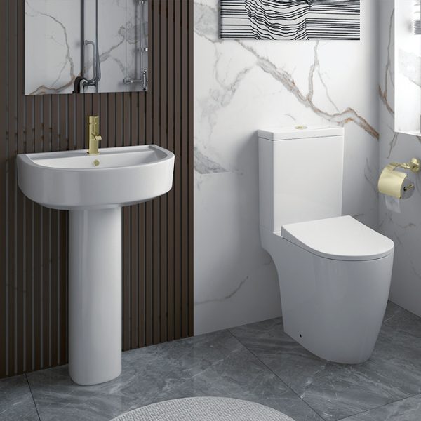 Arezzo Compact Close Coupled Toilet with Soft Close Seat (Brushed Brass Flush + Hinges) - Image 4