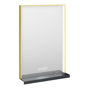 Arezzo 500 x 700 Brushed Brass LED Mirror with Wireless Charging Shelf, Anti Fog, Touch Sensor and Time Display