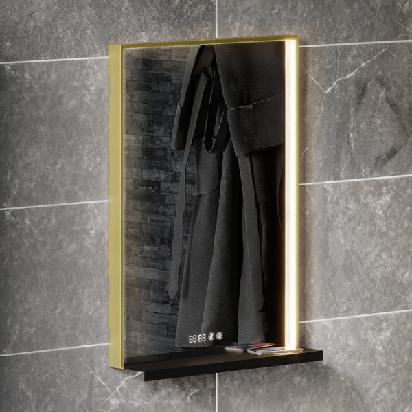 Arezzo 500 x 700 Brushed Brass LED Mirror with Wireless Charging Shelf, Anti Fog, Touch Sensor and Time Display - Image 2