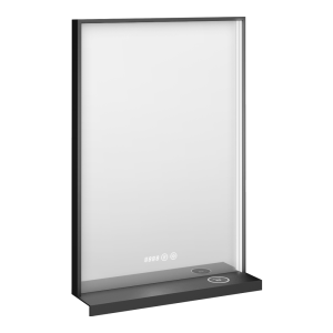 Arezzo 500 x 700 Matt Black LED Mirror with Wireless Charging Shelf, Anti Fog, Touch Sensor and Time Display