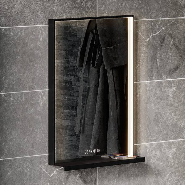 Arezzo 500 x 700 Matt Black LED Mirror with Wireless Charging Shelf, Anti Fog, Touch Sensor and Time Display - Image 2