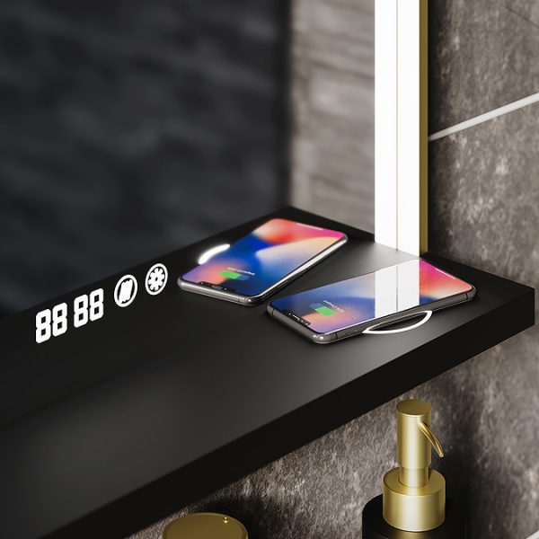 Arezzo 500 x 700 Brushed Brass LED Mirror with Wireless Charging Shelf, Anti Fog, Touch Sensor and Time Display - Image 6