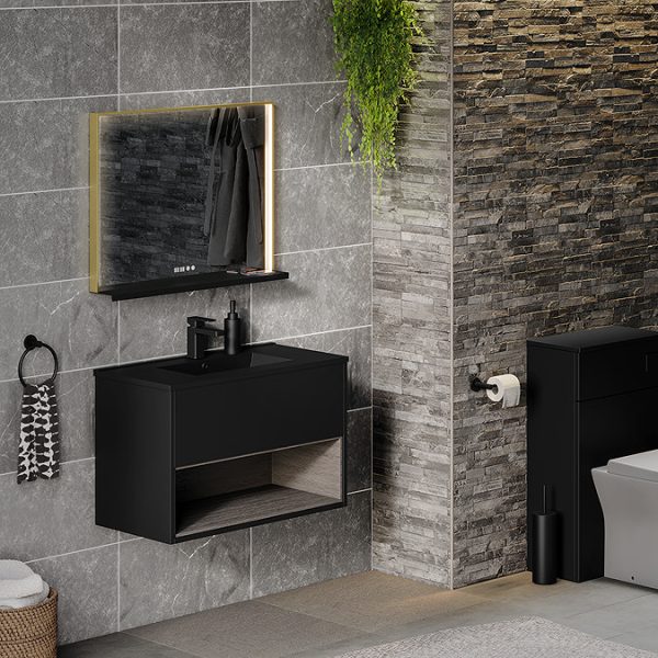 Arezzo 800 x 600 Brushed Brass LED Mirror with Wireless Charging Shelf, Anti Fog, Touch Sensor and Time Display - Image 5