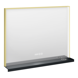Arezzo 800 x 600 Brushed Brass LED Mirror with Wireless Charging Shelf, Anti Fog, Touch Sensor and Time Display