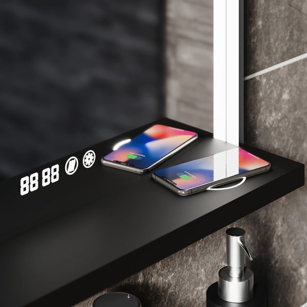 Arezzo 500 x 700 Silver LED Mirror with Wireless Charging Shelf, Anti Fog, Touch Sensor and Time Display - Image 5