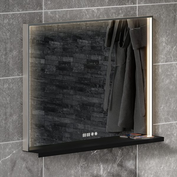Arezzo 800 x 600 Silver LED Mirror with Wireless Charging Shelf, Anti Fog, Touch Sensor and Time Display - Image 2