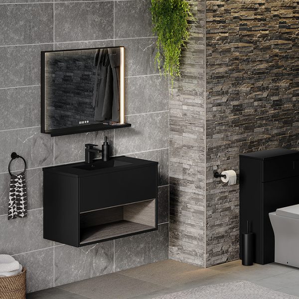 Arezzo 800 x 600 Matt Black LED Mirror with Wireless Charging Shelf, Anti Fog, Touch Sensor and Time Display - Image 4