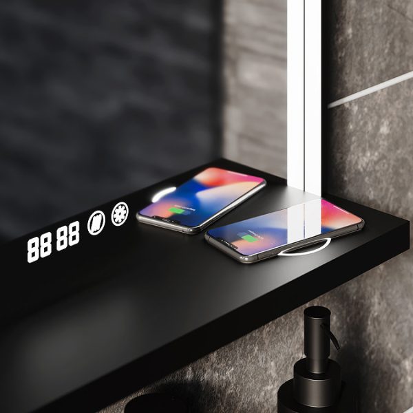 Arezzo 500 x 700 Matt Black LED Mirror with Wireless Charging Shelf, Anti Fog, Touch Sensor and Time Display - Image 5