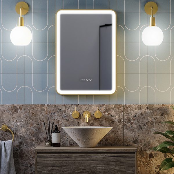 Arezzo Brushed Brass 500 x 700mm Rectangular LED Illuminated Anti Fog Bathroom Mirror with Time Display - Image 2