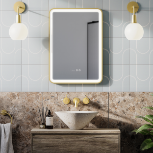 Arezzo Brushed Brass 500 x 700mm Rectangular LED Illuminated Anti Fog Bathroom Mirror with Time Display