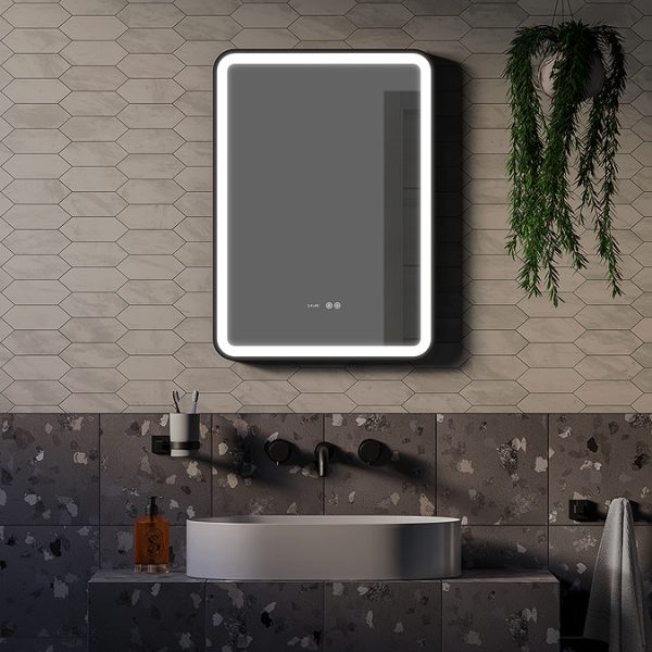 Arezzo Matt Black 500 x 700mm Rectangular LED Illuminated Anti Fog Bathroom Mirror with Time Display - Image 2