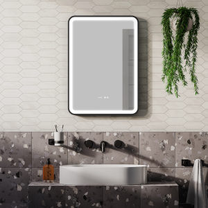 Arezzo Matt Black 500 x 700mm Rectangular LED Illuminated Anti Fog Bathroom Mirror with Time Display