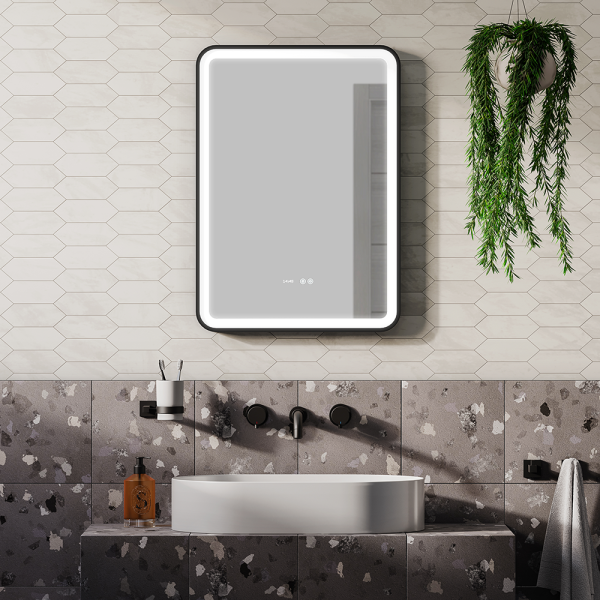 Arezzo Matt Black 500 x 700mm Rectangular LED Illuminated Anti Fog Bathroom Mirror with Time Display