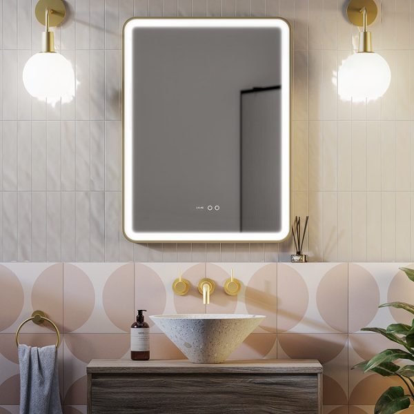 Arezzo Brushed Brass 600 x 800mm Rectangular LED Illuminated Anti Fog Bathroom Mirror with Time Display - Image 2
