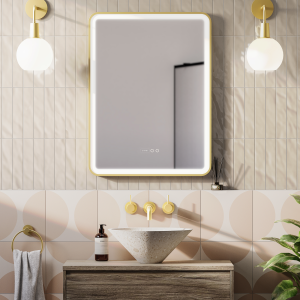 Arezzo Brushed Brass 600 x 800mm Rectangular LED Illuminated Anti Fog Bathroom Mirror with Time Display