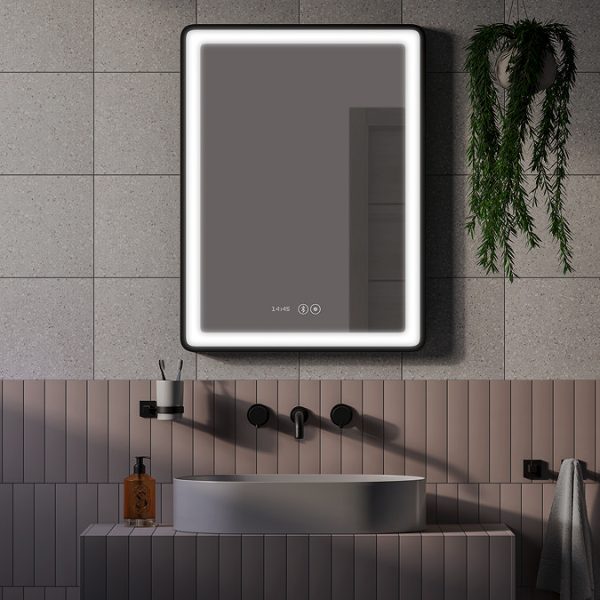Arezzo Matt Black 600 x 800mm Rectangular LED Illuminated Anti Fog Bathroom Mirror with Time Display - Image 2