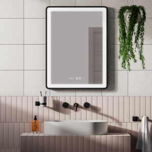 Arezzo Matt Black 600 x 800mm Rectangular LED Illuminated Anti Fog Bathroom Mirror with Time Display