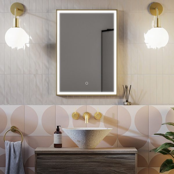 Arezzo Brushed Brass 500 x 700mm Rectangular LED Illuminated Anti Fog Bathroom Mirror - Image 5