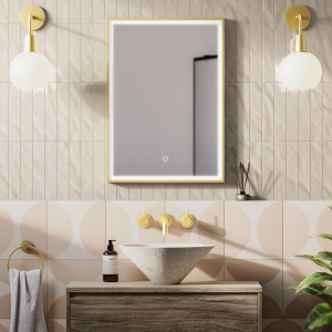 Arezzo Brushed Brass 500 x 700mm Rectangular LED Illuminated Anti Fog Bathroom Mirror