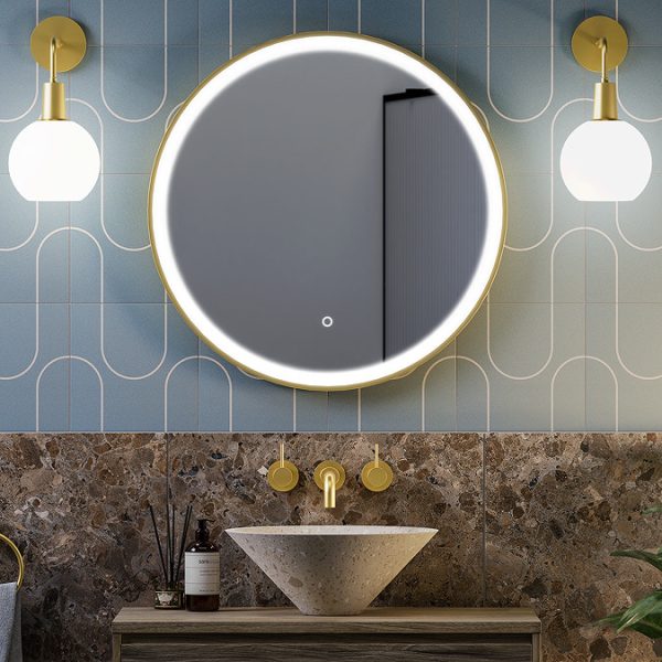 Arezzo Brushed Brass 700mm Round LED Illuminated Anti Fog Bathroom Mirror - Image 5