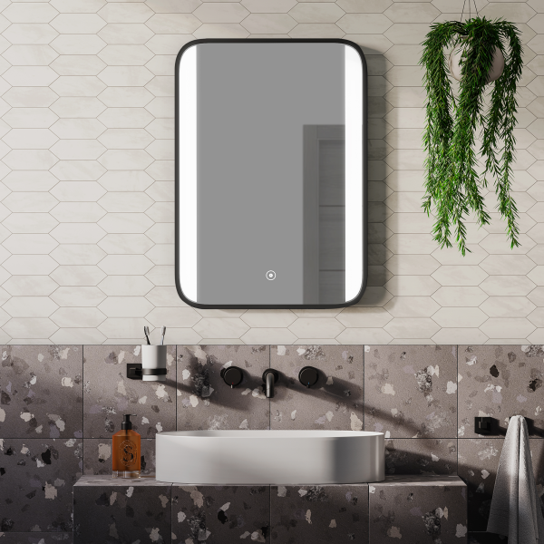 Arezzo Matt Black 500 x 700mm Rectangular LED Mirror with Anti Fog, Touch Control & Colour Changing Light
