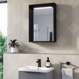 Arezzo 500 x 700 Matt Black LED Mirror with Motion Sensor, Wireless Mobile Charger, Toothbrush Charger and Anti Fog