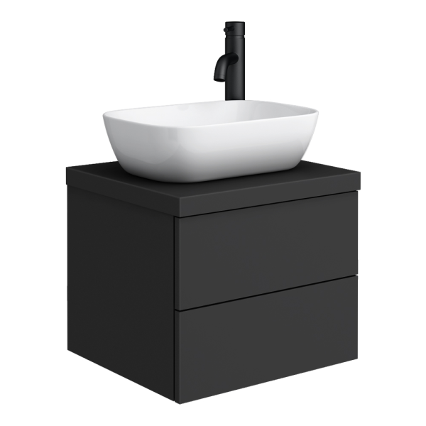 Atlas Matt Black Countertop Basin Unit   500mm 2 Drawer with Gloss White Basin