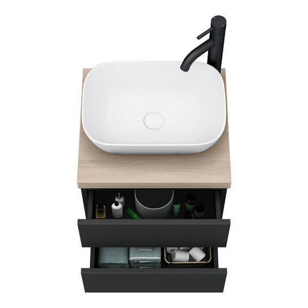Atlas Matt Black and Oak Countertop Basin Unit   500mm 2 Drawer with Gloss White Basin - Image 2