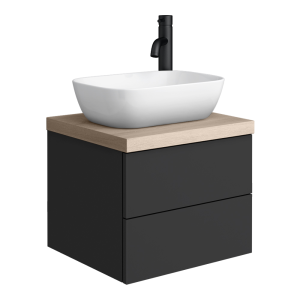 Atlas Matt Black and Oak Countertop Basin Unit   500mm 2 Drawer with Gloss White Basin