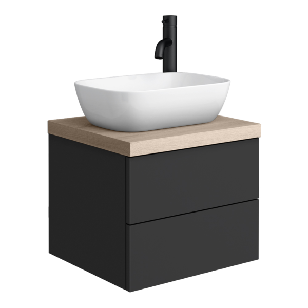 Atlas Matt Black and Oak Countertop Basin Unit   500mm 2 Drawer with Gloss White Basin