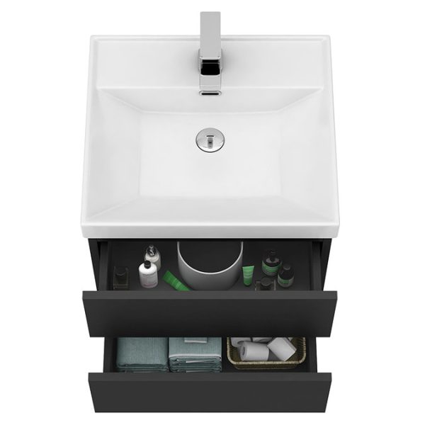 Atlas 500mm Matt Black 2 Drawer Wall Hung Vanity Unit with Gloss White Basin - Image 2