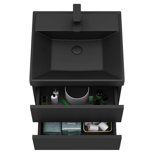 Atlas 500mm Matt Black 2 Drawer Wall Hung Vanity Unit with Matt Black Basin - Image 2