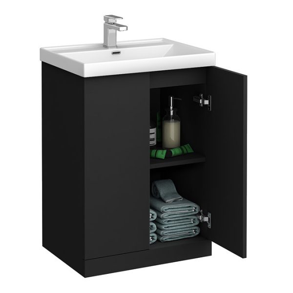 Atlas 600mm Matt Black 2 Door Vanity Unit with Gloss White Basin - Image 3