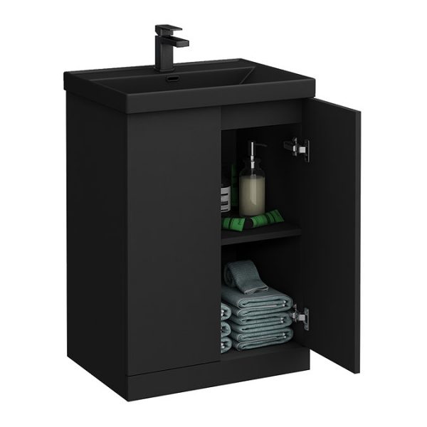 Atlas 600mm Matt Black 2 Door Vanity Unit with Matt Black Basin - Image 3