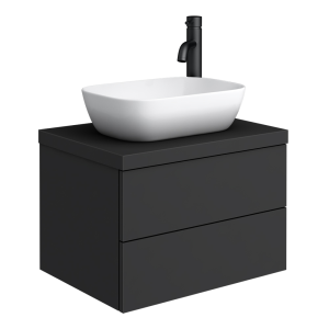 Atlas Matt Black Countertop Basin Unit   600mm 2 Drawer with Gloss White Basin