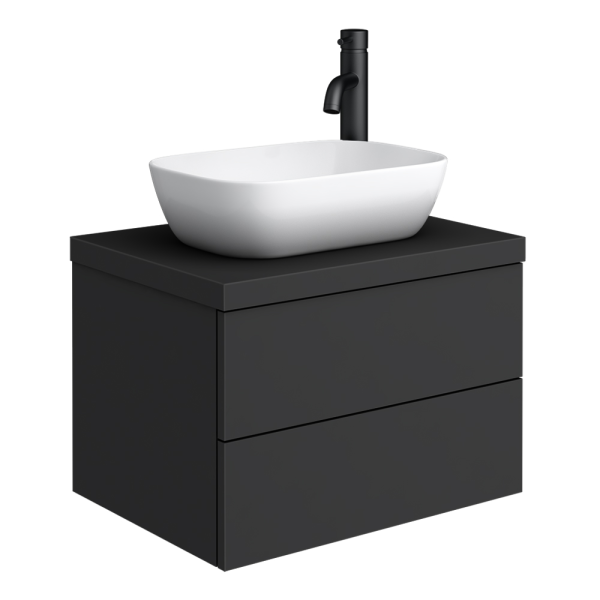 Atlas Matt Black Countertop Basin Unit   600mm 2 Drawer with Gloss White Basin