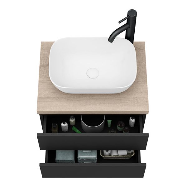 Atlas Matt Black and Oak Countertop Basin Unit   600mm 2 Drawer with Gloss White Basin - Image 2