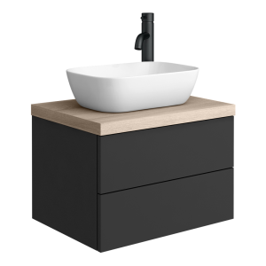 Atlas Matt Black and Oak Countertop Basin Unit   600mm 2 Drawer with Gloss White Basin