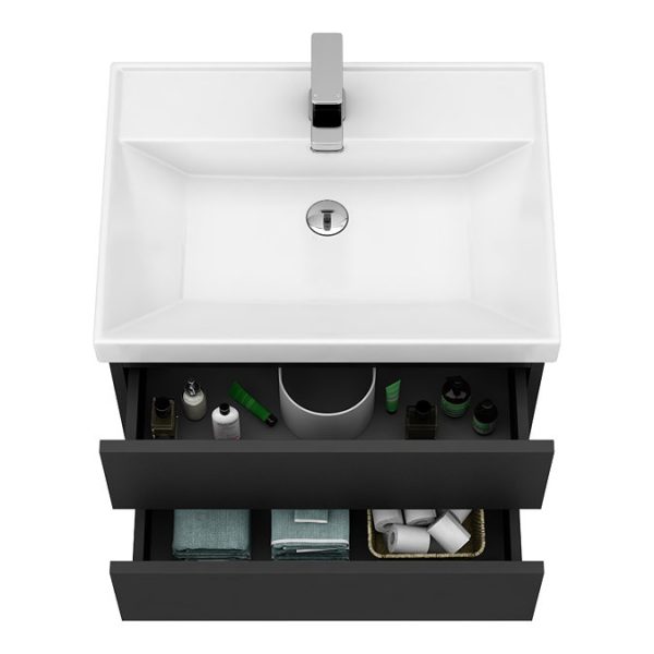 Atlas 600mm Matt Black 2 Drawer Wall Hung Vanity Unit with Gloss White Basin - Image 2