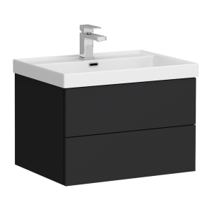 Atlas 600mm Matt Black 2 Drawer Wall Hung Vanity Unit with Gloss White Basin