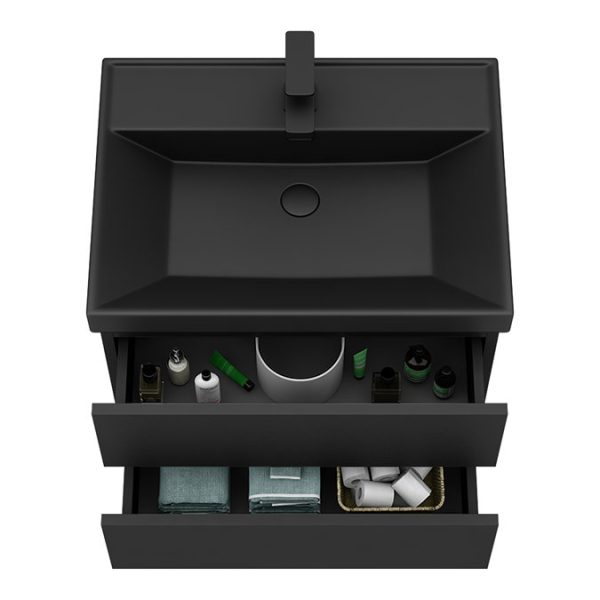 Atlas 600mm Matt Black 2 Drawer Wall Hung Vanity Unit with Matt Black Basin - Image 2
