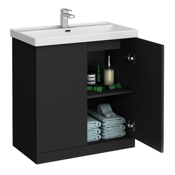 Atlas 800mm Matt Black 2 Door Vanity Unit with Gloss White Basin - Image 3