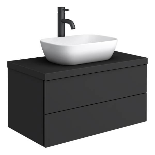 Atlas Matt Black Countertop Basin Unit   800mm 2 Drawer with Gloss White Basin