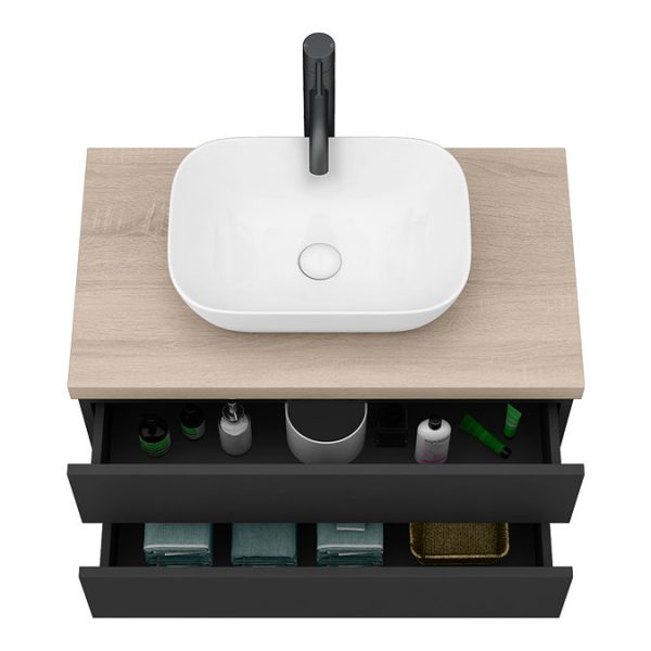 Atlas Matt Black and Oak Countertop Basin Unit   800mm 2 Drawer with Gloss White Basin - Image 2