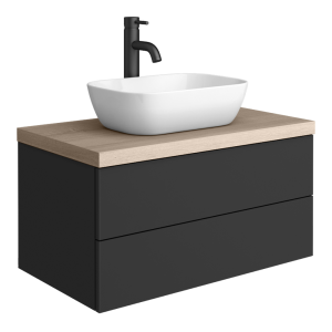 Atlas Matt Black and Oak Countertop Basin Unit   800mm 2 Drawer with Gloss White Basin