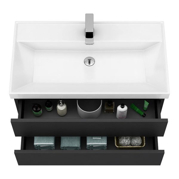Atlas 800mm Matt Black 2 Drawer Wall Hung Vanity Unit with Gloss White Basin - Image 2