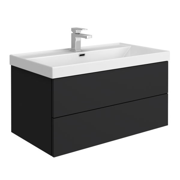 Atlas 800mm Matt Black 2 Drawer Wall Hung Vanity Unit with Gloss White Basin