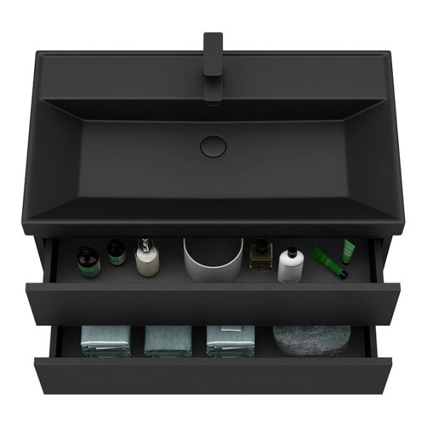 Atlas 800mm Matt Black 2 Drawer Wall Hung Vanity Unit with Matt Black Basin - Image 2