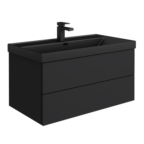 Atlas 800mm Matt Black 2 Drawer Wall Hung Vanity Unit with Matt Black Basin