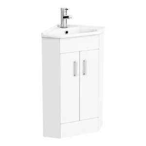 Alaska Corner Vanity Unit   Gloss White   590mm with Chrome Handles